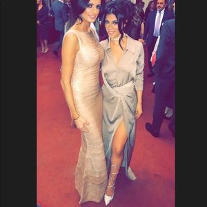 Missguided taupe nude satin slit plunge dress